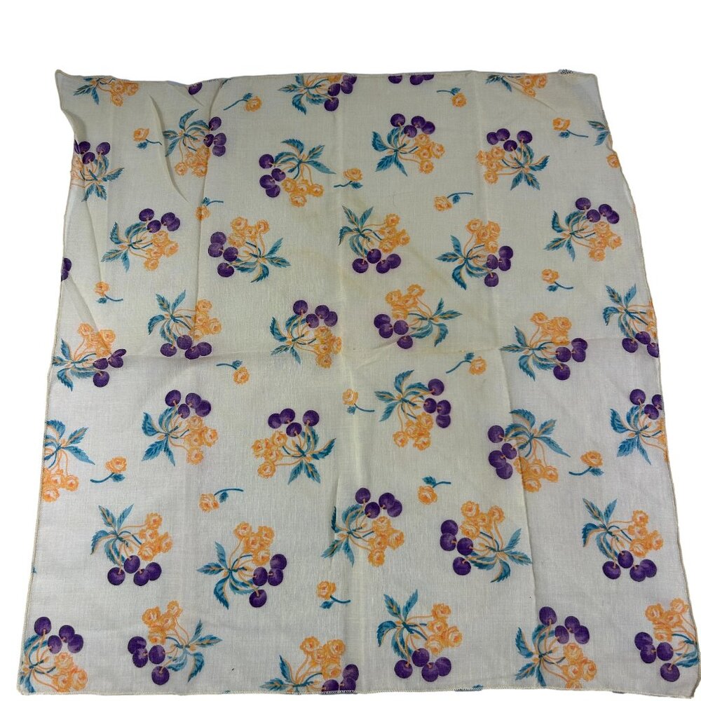 Vintage Glentex Scarf Grapes Floral Semisheer 22" X 21" Fruit Flowers Flaw